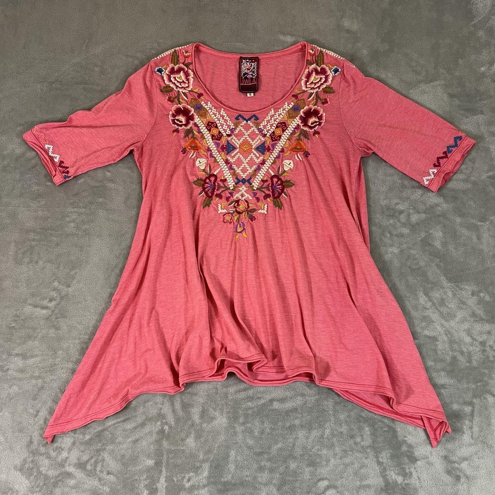 Johnny Was JWLA Shirt Womens Medium Pink Floral Embroidered Tunic Boho Top